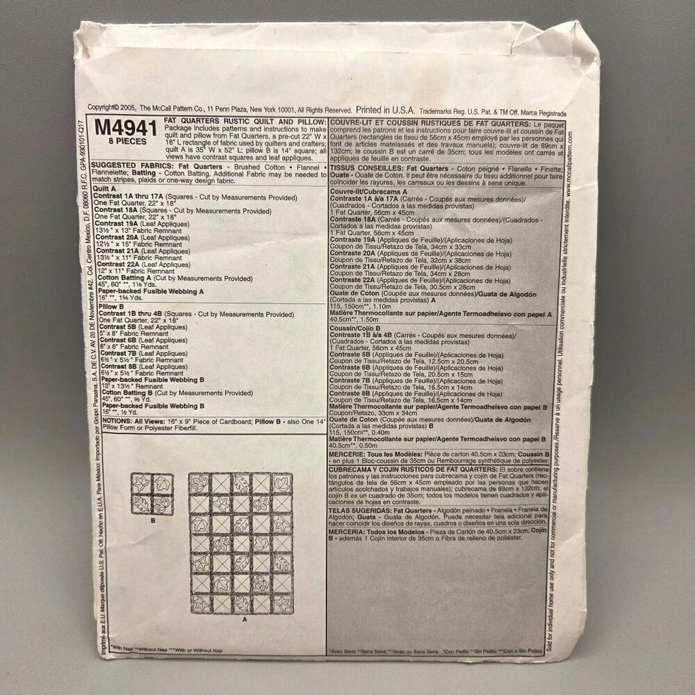 McCalls Crafts M4941 Fat Quarters Rustic Quilt & Pillow Pattern UNCUT - Picture 3 of 5